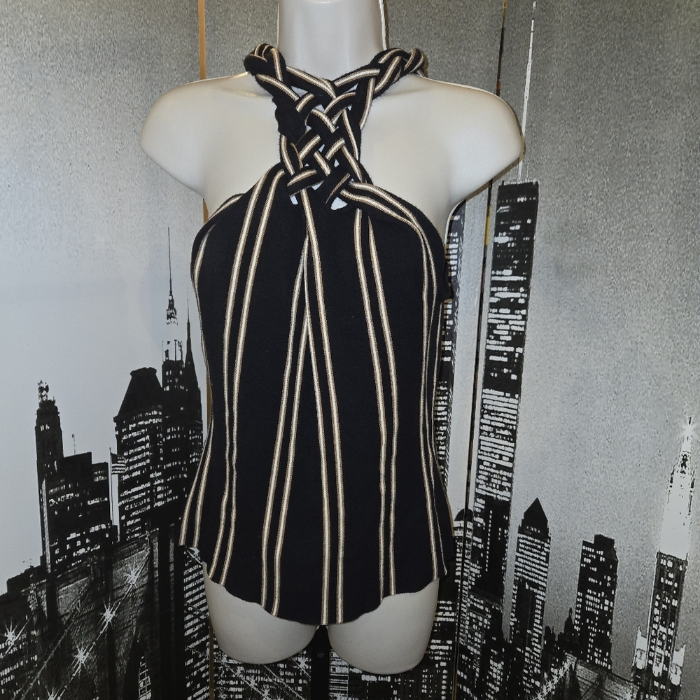 WH|BM brown cream stripe halter top size L